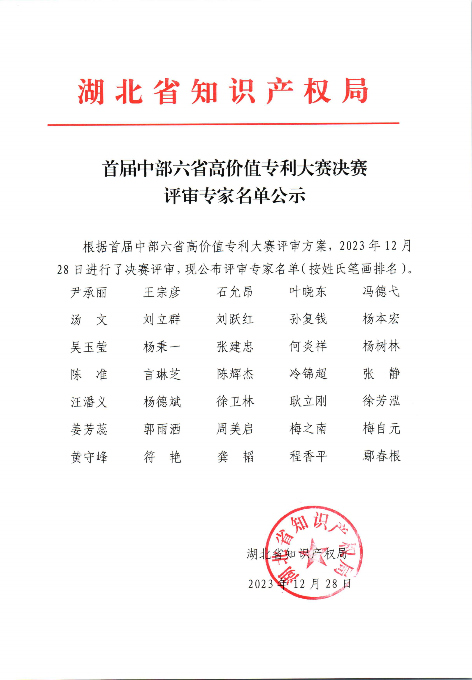 湖北省知识产权局关于首届中部六省高价值专利大赛决赛评审专家名单公示_00.png